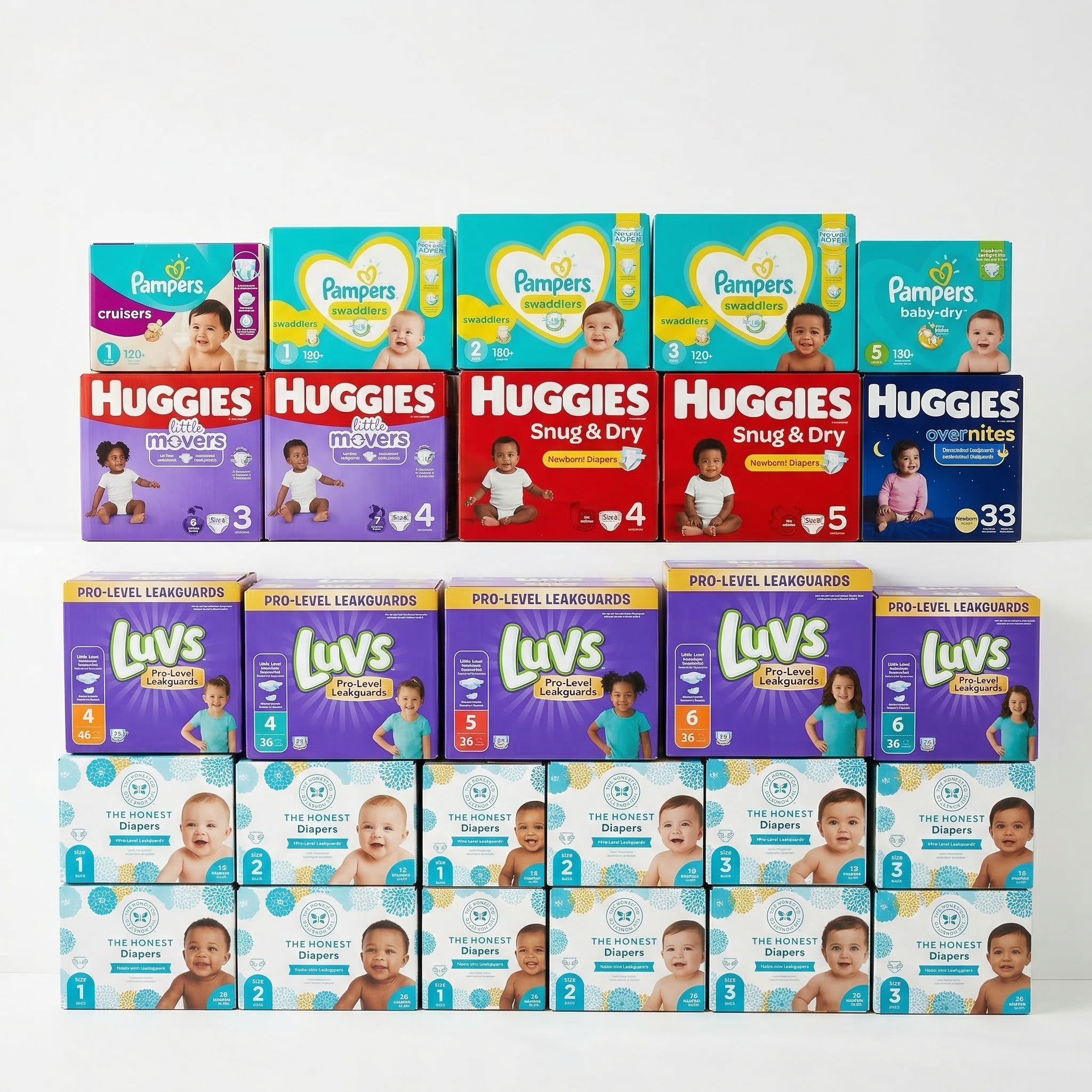 Neatly stacked boxes of Huggies and Pampers diapers