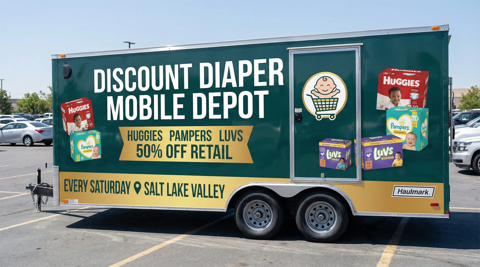 Mobile Discount Diaper Depot trailer side view — Huggies, Pampers, Luvs at 50% off